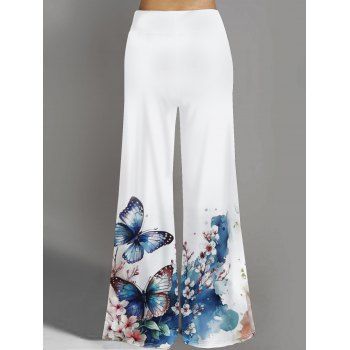 Plum Blossom Butterfly Print Wide Leg Pants Elastic Waist Casual Long Pants 