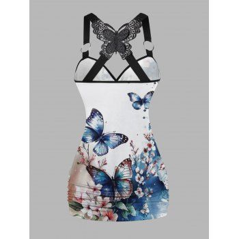 Floral Butterfly Print Tank Top Lace Butterfly Back Ruched Surplice O Ring Strap Tank Top