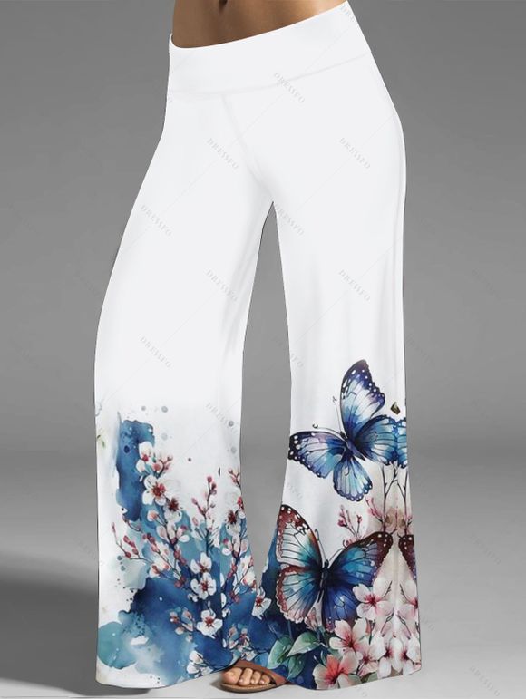 Pantalon Décontracté Long Papillon Fleur Imprimée Jambe Large à Taille Elastique - Bleu S | US 4