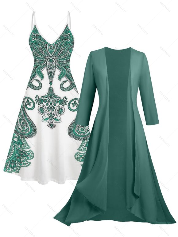 Ensemble de Costume Ouvert en Avant Cachemire Imprimé à Manches en Couleur Unie et Robe à Bretelle - Vert profond XL | US 12