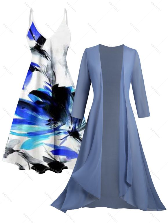 Combinaison Teintée Imprimée Ouverte en Avant à Manches Transparentes et Robe à Bretelle - Bleu profond XL | US 12