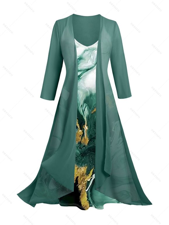 Combinaison Teintée Imprimée Ouverte en Avant à Manches Transparentes et Robe à Bretelle - Blanc L | US 8-10