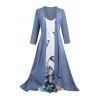 Ensemble de Cardigan Ouvert en Avant Papillon Fleur Imprimée à Manches Bouffantes et de Robe à Bretelle - Bleu profond S | US 4