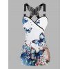 Floral Butterfly Print Tank Top Lace Butterfly Back Ruched Surplice O Ring Strap Tank Top