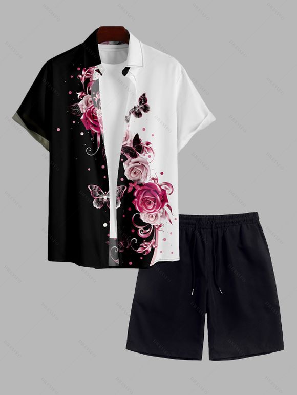 Chemise à Rose et Short en Couleur Unie à Manches Roulées à Cordon de Serrage - Noir S | US 4