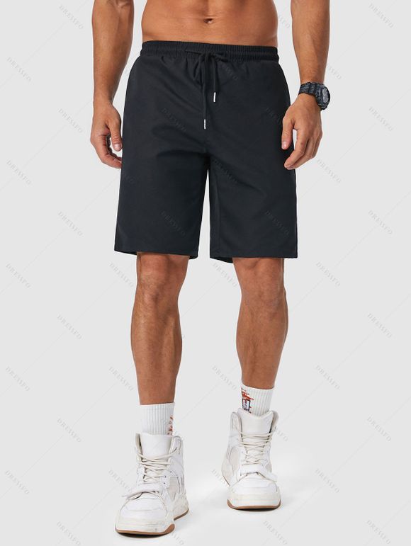 Short de Plage Décontracté en Couleur Unie Taille à Cordon - Noir XL