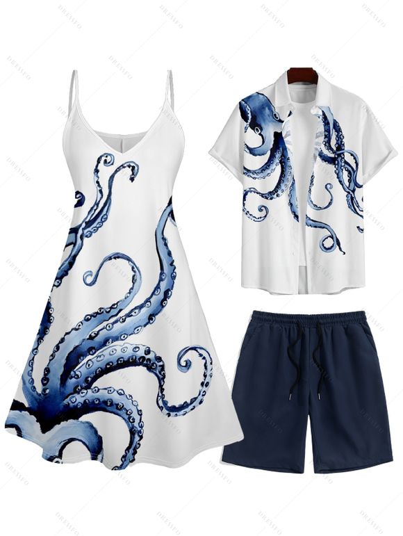 Robe à Bretelles Spaghetti avec Col en V et Short de Couleur Unie avec Imprimé Pieuvre - Blanc S | US 4