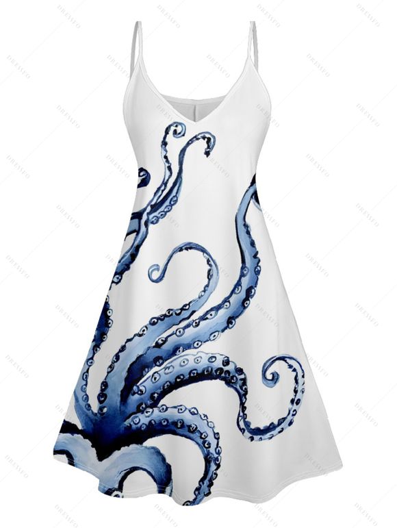 Robe Trapèze à Bretelles Spaghetti avec Col en V et Short de Couleur Unie avec Imprimé Pieuvre - Blanc S | US 4