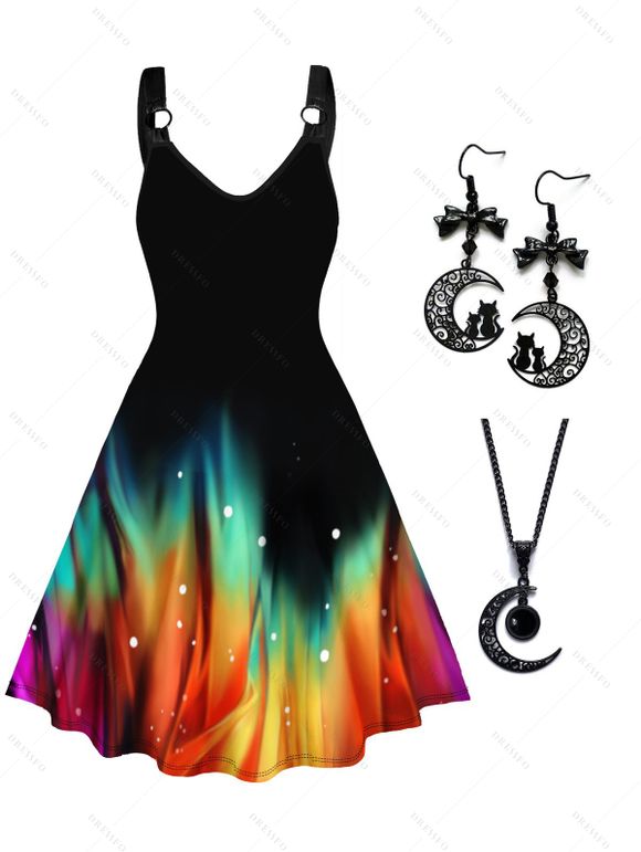 Colorful Print Hem V Neck Dress and Gothic Faux Crystal Necklace Hollow Out Earrings Outfit - BLACK S | US 4