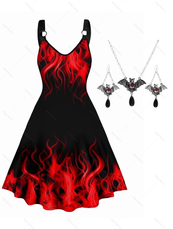 Robe et Boucles D'Oreilles Pendantes en Faux Rubis et Chauve-souris Imprimés - Noir S | US 4