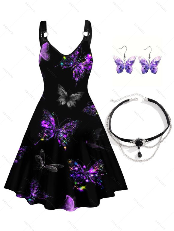 Robe à Encolure en V et Boucles D'Oreilles en Forme de Papillon Coloré Brillant - Noir S | US 4