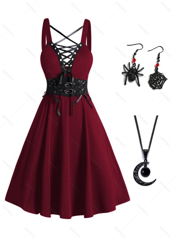 Robe Gothique à Bretelle Bouclée avec Faux Cristal à Col Plongeant - Rouge foncé S | US 4