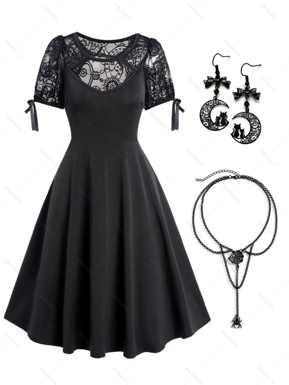 Robe Halloween en Dentelle Ajourée avec Boucles D'oreilles - Noir S | US 4