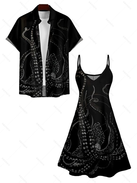 Robe Pieuvre Imprimée à Col en V et Bretelles Spaghetti à Taille Haute - Noir S | US 4