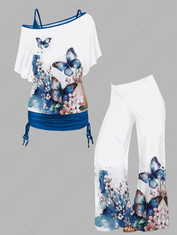 Ensemble de T-shirt Fleur et Papillon Imprimés à Epaule Dénudée et de Camisole - Blanc S | US 4