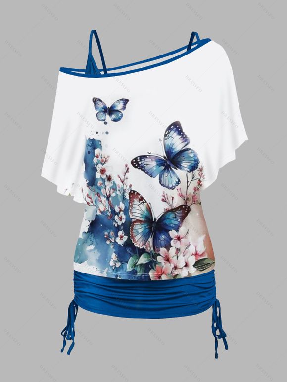Ensemble de T-shirt Fleur et Papillon Imprimés à Epaule Dénudée et de Camisole - Blanc S | US 4