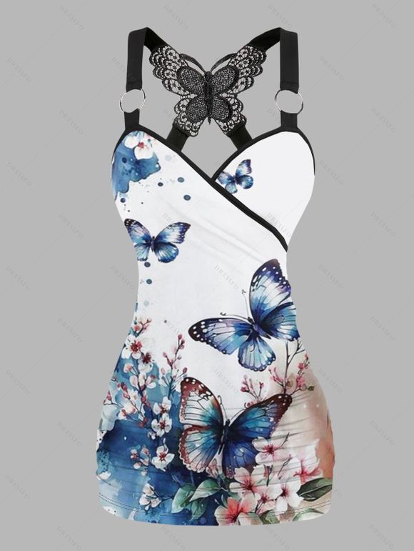 Haut Fleur et Papillon Imprimés en Dentelle Au Dos à Taille Elastique - Bleu S | US 4