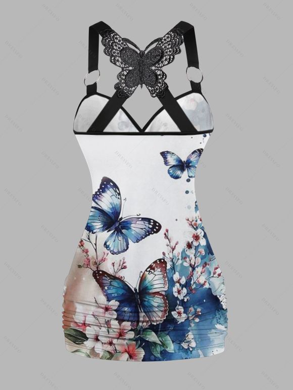 Haut Fleur et Papillon Imprimés en Dentelle Au Dos à Taille Elastique - Bleu S | US 4