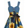 Robe Courte Tournesol Imprimé en Couleur Unie à Manches Roulées - Bleu de Minuit S | US 4