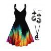 Colorful Print Hem V Neck Dress and Gothic Faux Crystal Necklace Hollow Out Earrings Outfit - BLACK S | US 4