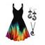 Colorful Print Hem V Neck Dress and Gothic Faux Crystal Necklace Hollow Out Earrings Outfit - BLACK S | US 4