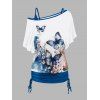 Ensemble de T-shirt Fleur et Papillon Imprimés à Epaule Dénudée et de Camisole - Blanc S | US 4