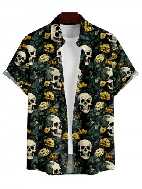 Chemise Décontractée Manches Courtes à Imprimé Crâne Fleur avec Boutons pour Hommes