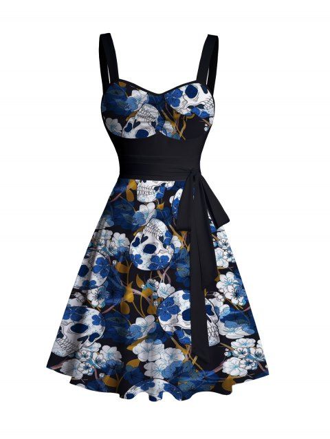 Sweetheart Neck Floral Skull Print Ruched Bust Tank Belt Sleeveless Summer Dress