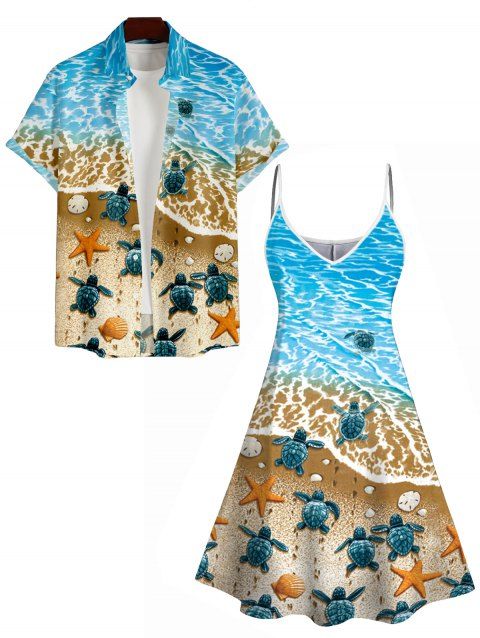 Robe la Plage Hawaiien Boutonnée Imprimé Tortue avec Poches en O pour Femme