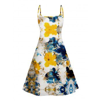 Floral Print V Neck Spaghetti Strap Dress High Waist Sleeveless Summer A Line Cami Dress