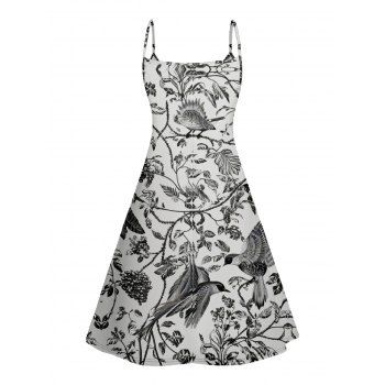 Bird Tree Print V Neck Spaghetti Strap Dress High Waist Sleeveless Summer A Line Cami Dress