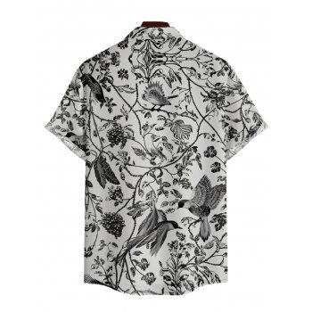 Men's Bird Tree Print Roll Up Sleeve Shirt Button Up Short Sleeve Casual Shirt