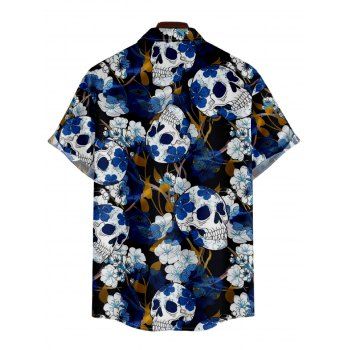 Men's Floral Skull Print Roll Up Sleeve Shirt Button Up Short Sleeve Casual Shirt