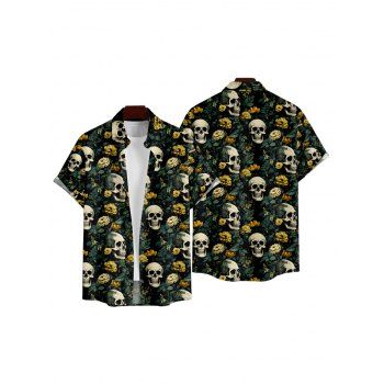 Men's Floral Skull Print Roll Up Sleeve Shirt Button Up Short Sleeve Casual Shirt