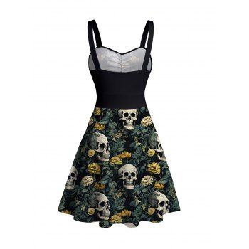 Sweetheart Neck Floral Skull Print Ruched Bust Tank Belt Sleeveless Summer Dress