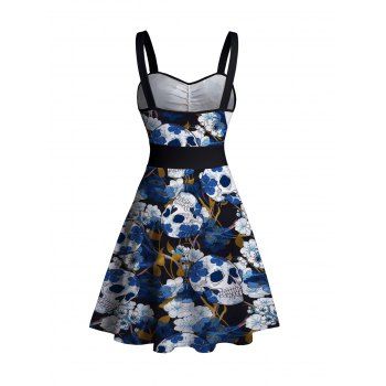 Sweetheart Neck Floral Skull Print Ruched Bust Tank Belt Sleeveless Summer Dress