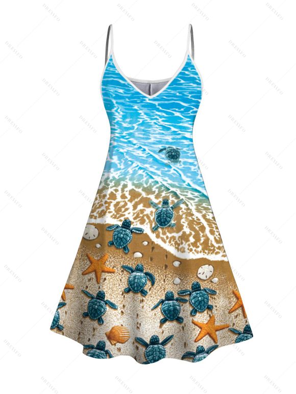 Robe D'Eté de Plage Ligne A à Bretelle Fine Taille Haute à Col V sans Manches - Bleu clair XXL | US 14