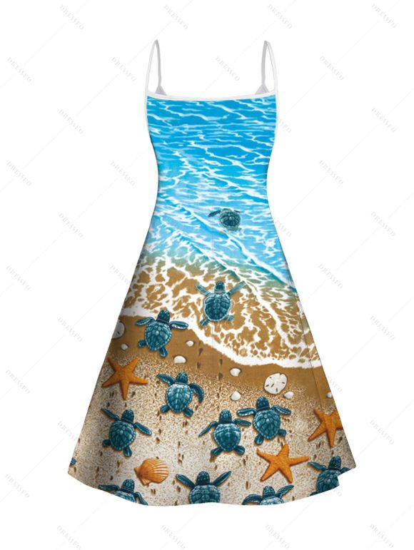 Robe D'Eté de Plage Ligne A à Bretelle Fine Taille Haute à Col V sans Manches - Bleu clair XXL | US 14