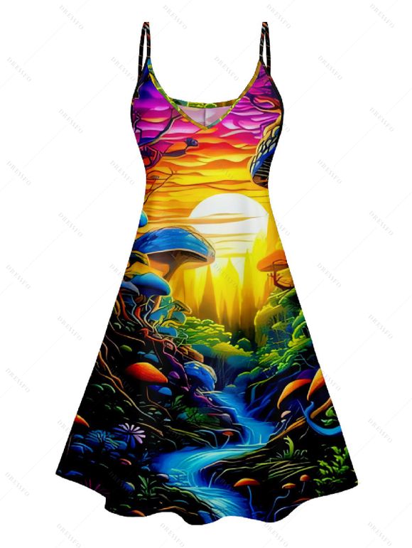 Robe D'été Trapèze à Imprimé Paysage à Bretelles Spaghetti à Col en V sans Manches - multicolor A S | US 4