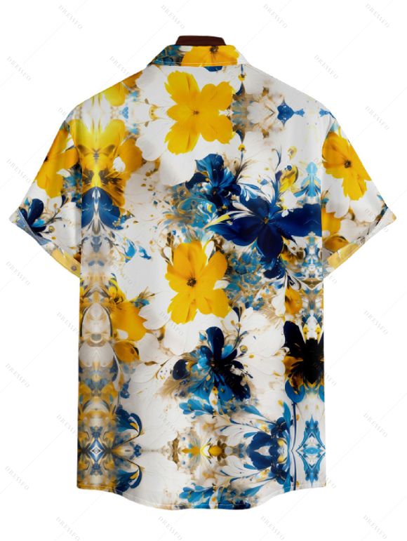 Chemise Décontractée Fleurie Imprimée Boutonnée à Manches Roulées pour Homme - Blanc L