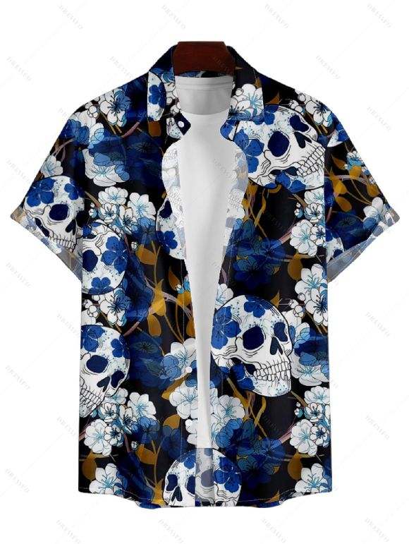 Chemise Décontractée Manches Courtes à Imprimé Crâne Fleur avec Boutons pour Hommes - Bleu profond S