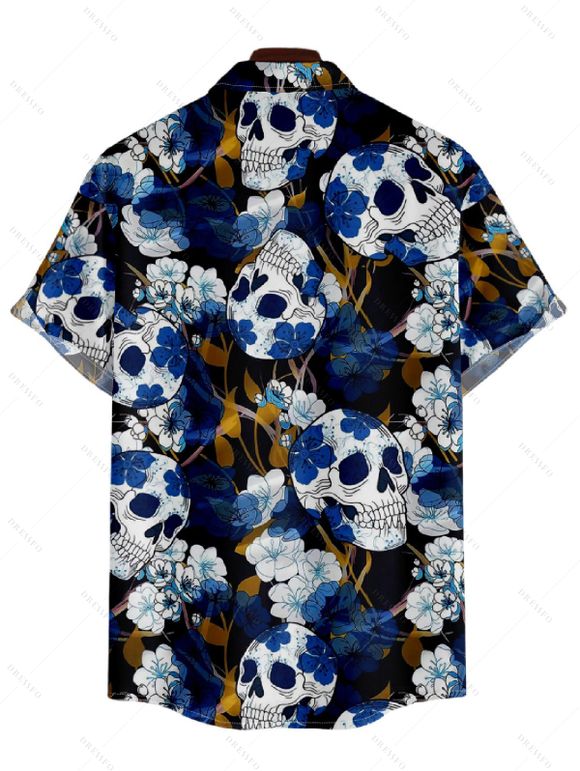 Chemise Décontractée Manches Courtes à Imprimé Crâne Fleur avec Boutons pour Hommes - Bleu profond 3XL