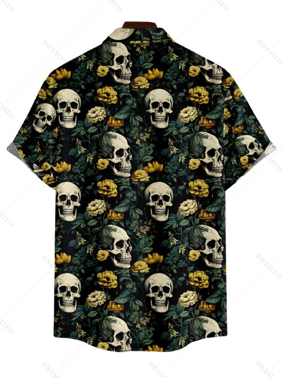 Chemise Décontractée Manches Courtes à Imprimé Crâne Fleur avec Boutons pour Hommes - Vert profond 5XL