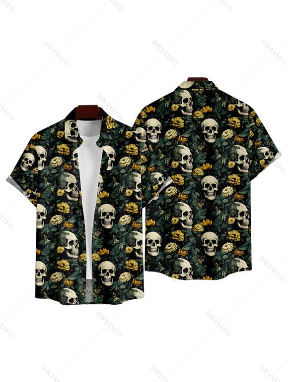 Chemise Décontractée Manches Courtes à Imprimé Crâne Fleur avec Boutons pour Hommes - Vert profond 5XL
