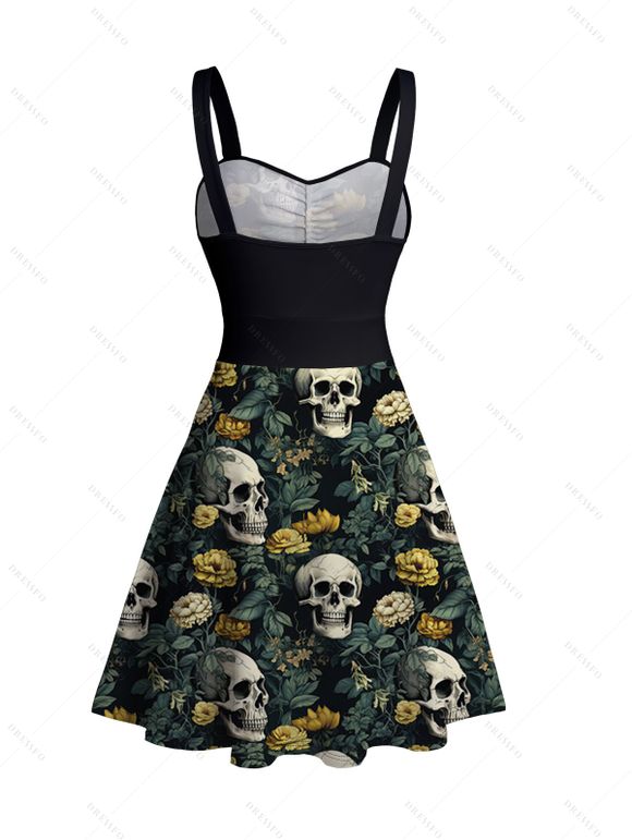 Robe D'Eté Fleurie Crâne Imprimée sans Manches à Col en Forme de Cœur avec Ceinture - Vert profond XXXXL | US 18
