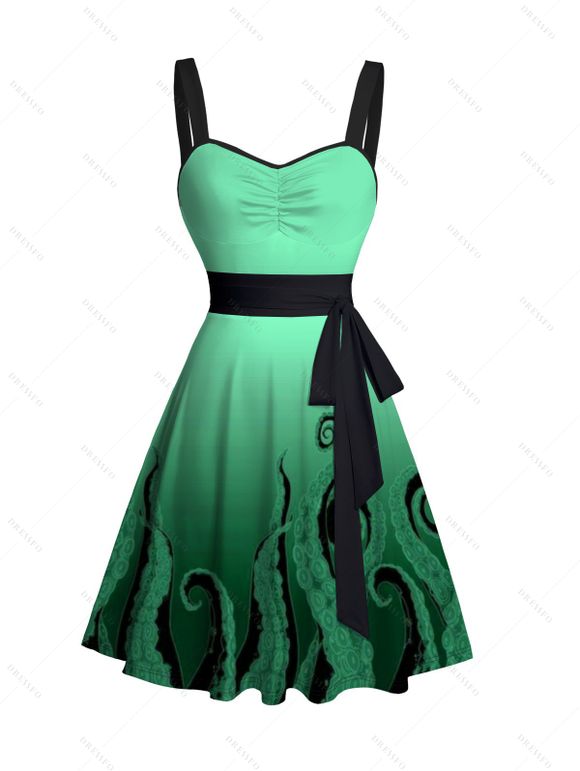 Robe D'Été sans Manches avec Col en Cœur Imprimé Pieuvre et Ceinture de Poitrine - Vert clair S | US 4