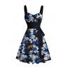 Robe D'Eté Fleurie Crâne Imprimée sans Manches à Col en Forme de Cœur avec Ceinture - Bleu profond M | US 6