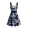 Robe D'Eté Fleurie Crâne Imprimée sans Manches à Col en Forme de Cœur avec Ceinture - Bleu profond M | US 6
