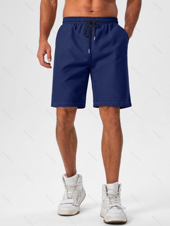 Short de Plage Décontracté en Couleur Unie Taille à Cordon - Bleu de Minuit XS