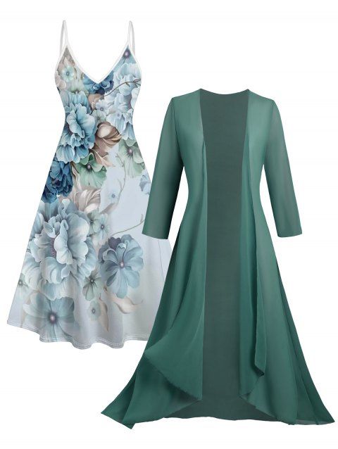 Ensemble cardigan transparent uni en mousseline de soie ouverte sur le devant à manches courtes et robe camisole à gros imprimé floral